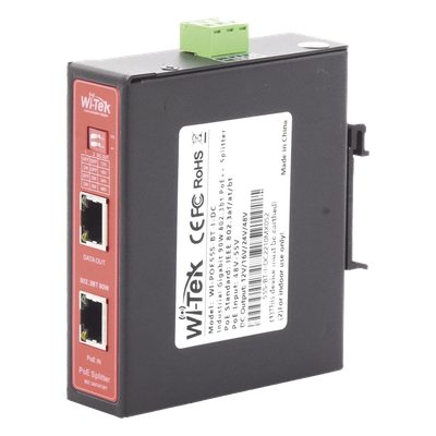 WIPOE55SBTIDC - Splitter PoE Industrial / Entrada 90 W 802.3bt / Salida DC Seleccionable 12V/16V/24V/48V / 2 Puertos Gigabit / Protección 6 kV / Riel DIN