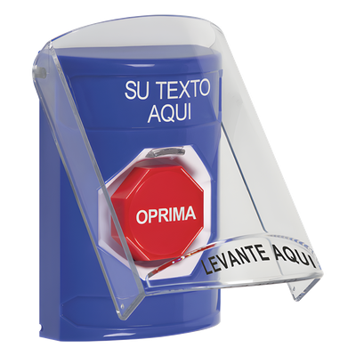 SS2-422-ZA-ES - Botón de emergencia con tapa protectora / Restablecimiento con llave / Texto personalizable 2 líneas / LED opcional R/G/B / Montaje en superficie
