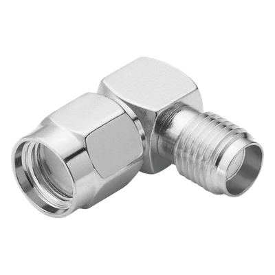 RP-3402 - Adaptador en Ángulo Recto de Conector SMA Macho Inverso a SMA Hembra, Níquel/ Oro/ Teflón.