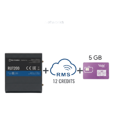 RUT200+1YRMS+5GBYOBI - Router Industrial 4G LTE / Cat 4 150 Mbps / Wi-Fi 2.4 GHz / -40°C a 75°C / Gestión RMS / Kit con SIM 5GB/Mes Año