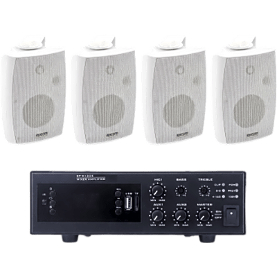 EPB120E/4WSW - Kit de Amplificador de 120W para Escritorio / 4 Altavoces de Pared 2.5W - 20W / Sistema 70/100V / Bluetooth / USB / FM / XLR con Phantom 48V