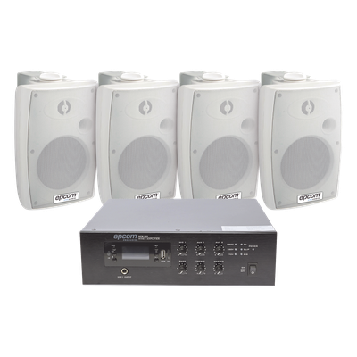 SFB120/4WSW - Kit Amplificador 100V / 120W RMS / 4 Altavoces Pared 2.5-20W / Bluetooth MP3 Tuner USB / Sistema Voceo 70/100V