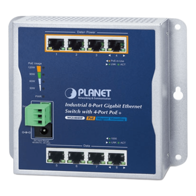 WGS-804HP - Switch Industrial No Administrable / 8 Puertos Gigabit / 4 Puertos PoE+ 802.3at / 120 W / Montaje Múltiple / Alimentación Dual con Failover