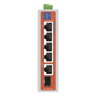 WIPS206GFIV2 - Switch Industrial PoE / 4 Puertos Fast Ethernet / 2 Uplink Gigabit / Alcance 250 m / Protección 6 kV