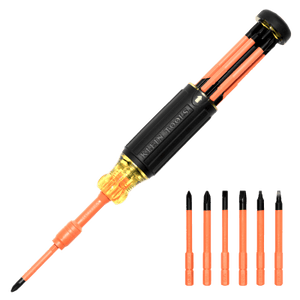 Destornillador Aislado 6-en-1 Auto-Lock / Aislado 1000V CAT III / Almohadilla de agarre / Almacenamiento de brocas integrado / Bits Philips #1 #2 / Sl