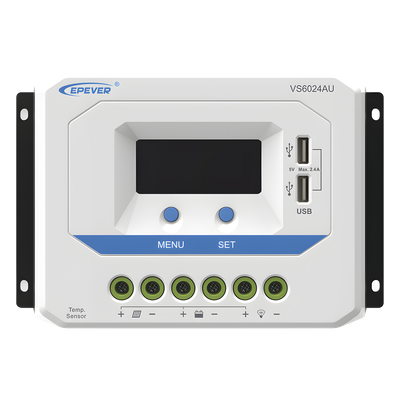 VS-6024-AU - Controlador Solar PWM / 60A / 12/24V Auto / Doble USB / Pantalla LCD / VOC 50V / Tierra Positivo Común / Entrada 9V-32V