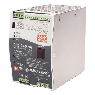 DRS24048 - Fuente de Poder Industrial / 240W / Salida 48Vcc / 5A / Cargador de Baterías / Riel DIN / Entrada Universal 90-305Vca