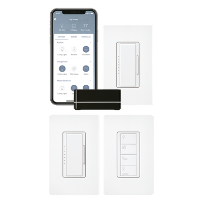 RRSELKITPROS - Kit de Inicio para Control Inteligente de Iluminación / Hasta 100 Dispositivos Inalámbricos / Control por App iOS y Android / Compatible con Alexa y Google Assistant / Comunicación RF Clear Connect / Incluye 2 Atenuadores, Control Pico y Placas de Pared