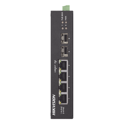 DS-3T0506HP-E/HS - Switch Industrial No Administrable / 3 Puertos Gigabit PoE+ (30 W) + 1 Puerto Gigabit PoE++ (60 W) / 2 Puertos SFP / 65 W Total / Alcance Extendido 300 m (984.3 ft) / -30 °C a 65 °C