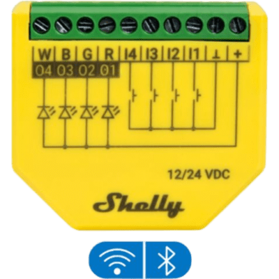 SHELLYPLUSRGBWPM - Controlador LED RGBW / Wi-Fi 2.4 GHz / 4 Canales / 12A / 12-24V / Medición de Consumo / Compatibilidad Alexa y Google Home