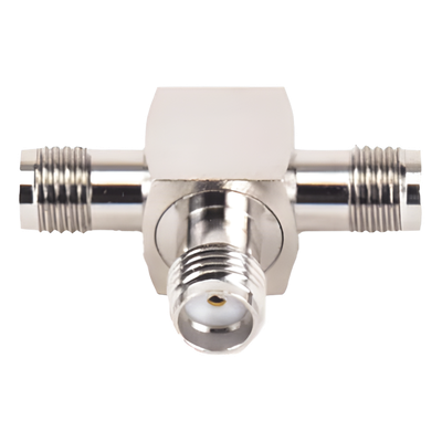 RSA-3401 - Adaptador RF en T / Triple Conector SMA Hembra / Frecuencia 18 GHz / Cuerpo Bronce Niquelado / Aislante Teflón