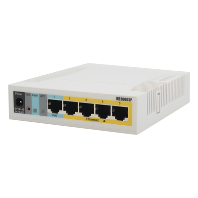RB260GSP - Switch PoE pasivo / 5 puertos Gigabit + 1 SFP / 11-30V / -20°C a 70°C / 4.4x5.5x1.1 pulgadas