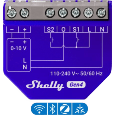 SHELLYDIM010VPMG4 - Controlador de Atenuacion Inteligente / 0-10V y 1-10V / Wi-Fi, Matter y Zigbee / ESP32-C6 / 110-240 VAC / 13 A / PM Gen4