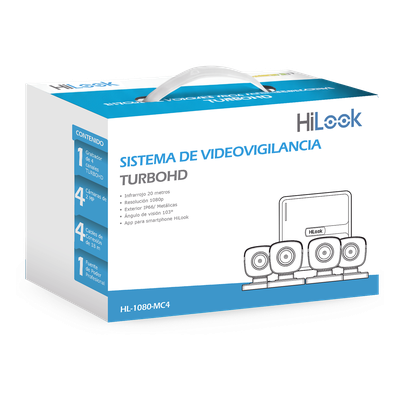HL-1080-MC4 - Kit TurboHD / 4 Canales / 4 Cámaras Bala 2 Megapixel / IR 20 m (65.6 ft) / H.265+ / IP66 / HDMI y VGA Simultáneo