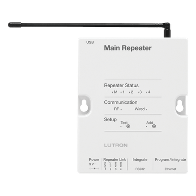 RRMAINREP - Repetidor principal RadioRA 2 / 434 MHz / alcance RF 9 m (cubre 232 m²) / Ethernet, RS232 y RS485 / reloj astronómico / hasta 100 dispositivos