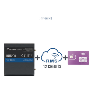 RUT200+1YRMS+1GBYOBI - Router Industrial 4G LTE / Cat 4 150 Mbps / Wi-Fi 2.4 GHz / Operación -40°C a 75°C / Gestión RMS / Kit IoT con Datos Anuales