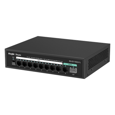 RG-ES110GS-P-L - Switch PoE+ / 8 Puertos Gigabit / 2 Uplink GE+SFP / 120W / Sin Ventilador / 20 Gbps / 4 kV