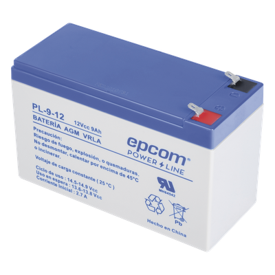 PL912 - Batería 12 Vcc / 9 Ah / UL / Tecnología AGM-VRLA / Para uso en equipo electrónico Alarmas de intrusión / Incendio/ Control de acceso / Video Vigilancia / Terminales F1 / Cargador recomendado CHR-80.