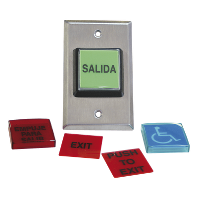 972LESMO - Botón de Salida / Placas Intercambiables Español/Inglés / LED 12 VCC / NO/NC / Acero Inoxidable / ADA
