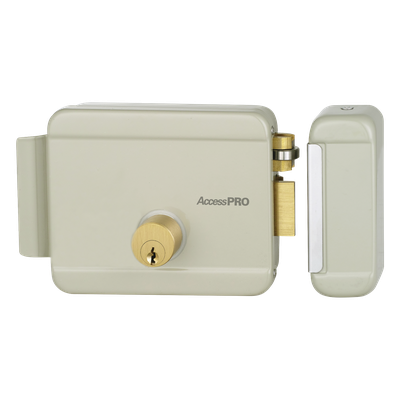 ACCESSRIM - Cerradura Eléctrica / 12 VCA 2.5 A / Doble Cerrojo / Activación por Pulso 2 s / Exterior / Derecha / 129 x 103 x 38 mm