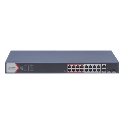 DS-3E1318P-EI(B) - Switch PoE+ / 16 Puertos 10/100 Mbps / 2 Puertos Gigabit Uplink / 2 Puertos SFP / Alcance Extendido 300 m (984.2 ft) / 230 W / Gestión Cloud