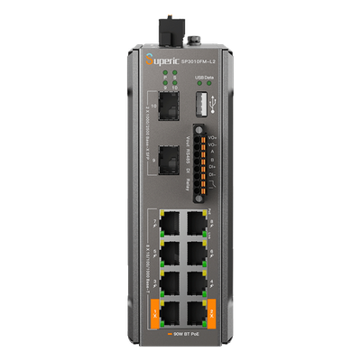 SP3010FML2(V3) - Switch PoE Industrial / 8 Puertos Gigabit PoE / 2 Puertos SFP 2.5 Gbps / 240W Presupuesto PoE / 26 Gbps Capacidad de Conmutación / -40 ℃~75 ℃ / DIN-Rail, Pared, Escritorio