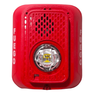 P2RLEDSP - Sirena con Estroboscopio LED / 2 Hilos / Montaje en Pared / Candela Seleccionable 15-185 cd / Marcaje FUEGO / Compatible SpectrAlert