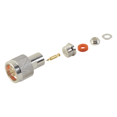 RFN-1000-1S - Conector RF N Macho / Ensamble por Rosca / Compatibilidad RG-58/U y RG-142/U / Cuerpo Bronce Plateado / Contacto Oro / Aislante Teflón