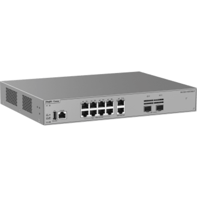 RG-CS61-10GT2MS-P - Switch Capa 3 / 10 Puertos Gigabit PoE+ / 2 Puertos SFP 2.5GE / Capacidad de Conmutación 30 Gbps / PoE Budget 125 W / Diseño sin Ventilador / Protección contra Sobretensiones 10 kV / VSU / OSPF / RIP / Línea Cybrey
