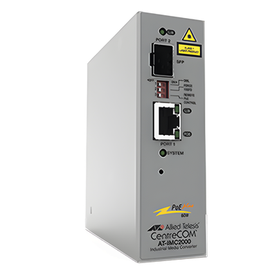 AT-IMC2000TP/SP-980 - Convertidor de medios industrial PoE+ / 10/100/1000T a 100/1000X SFP / -40°C a 75°C / IP-30 / Sin ventilador / 70W PoE++