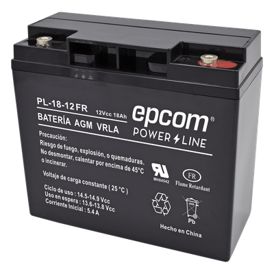 PL-18-12-FR - Batería 12 Vcc / 18 Ah / UL / AGM-VRLA / Retardante a la flama / Para uso en equipo electrónico,Alarmas de intrusión / Incendio/ Control de acceso / Video Vigilancia / Terminales tipo M5 ( HEX ) / Cargador recomendado CHR-80.
