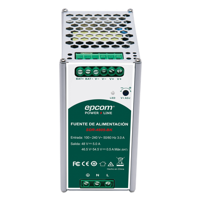 SDR4805BK - Fuente de Alimentación Industrial / Riel DIN / 48 VCC / 5 A / 240 W / Eficiencia ≥ 90% / -20 a 70 °C / Cargador de Batería Integrado
