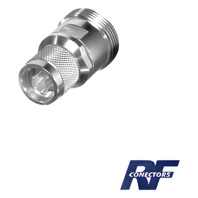 RFD-1672-2 - Adaptador en Línea / DIN 7-16 Hembra a N Macho / Cuerpo de Bronce Plateado / Contacto Plateado / Aislante de Teflón