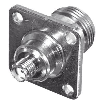 RSA-3290-10 - Adaptador Coaxial en Línea para Panel / SMA Hembra a N Hembra / Montaje Frontal y Trasero / 18 mm entre Centros / Níquel y Oro