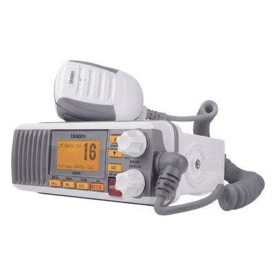 UM-385 - Radio Móvil Marina VHF / 25W / 1W Seleccionables / DSC Clase D con GPS / IPX4 / Monitoreo Triple Canal / Pantalla LCD / Blanco
