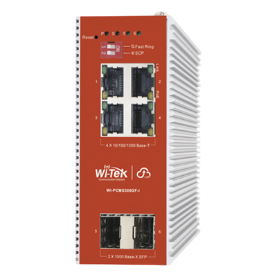 WI-PCMS306GF-I - Switch PoE Industrial L2+ / 4 Puertos Gigabit PoE 802.3af/at / 2 Puertos SFP / Presupuesto PoE 120 W / Administración Cloud / Protocolo ERPS / Sin Ventiladores / IP40