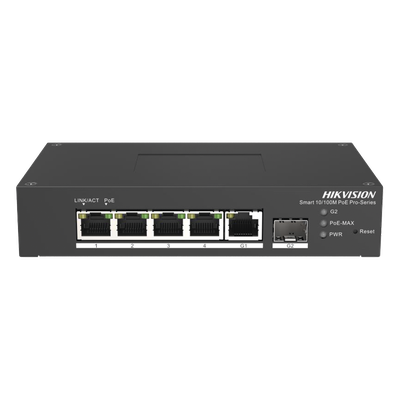 DS-3T1306P-SI/HS - Switch PoE+ Industrial / 4 Puertos 10/100 Mbps / 1 Puerto Gigabit Uplink / 1 Puerto SFP / Alcance Extendido 300 m (984.3 ft) / 60 W / Gestión Cloud