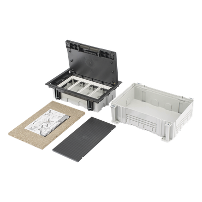 SM-CPAV-4 - Caja de Pavimento / 4 Módulos / Profundidad Ajustable 70-100 mm (2.76-3.94 ft) / Carga 1300 kg / Resistencia 850°C / Incluye Cubeta y Embellecedor