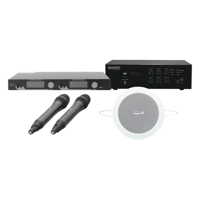 EPCONFERKIT - Kit de Audio para Conferencias / Amplificador 240W / 2 Micrófonos Inalámbricos 200 Canales / 4 Altavoces Empotrados 4in / 70V/100V / Bluetooth FM MP3 / Alcance 100m (328 pies)