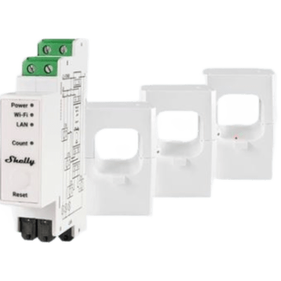 SHELLYPRO3EM400 - Medidor de Energía Trifásico / 400 A / Montaje Riel DIN / Wi-Fi + LAN + Bluetooth / Almacenamiento 60 Días / MQTT / Shelly Pro