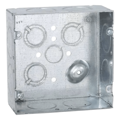 HUB-258 - Caja Cuadrada de Acero Galvanizado / Montaje Superficial / 12 Entradas TKO / Capacidad 42 in³ / Dimensiones 4.688 x 4.688 x 2.125 in