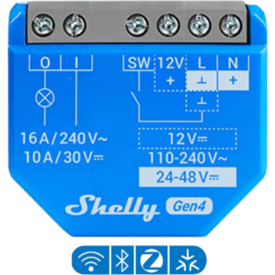 SHELLY1GEN4 - Relevador Inalámbrico Inteligente / 16A / 110-240V AC / 12V DC / Multiprotocolo Zigbee Matter Wi-Fi Bluetooth / 1 Canal / Contacto Seco