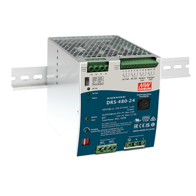 DRS48024 - Fuente de Poder Industrial / 480W / Salida 24Vcc 20A / Cargador de Baterías Integrado / Riel DIN / Entrada Universal 90-305Vca