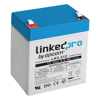 LK5.512 - Bateria Epcom LK5.512 12 Vcc 5.5 Ah UL tecnologia AGM-VRLA uso en equipo electronico alarmas de intrusion incendio control de acceso video vigilancia terminales F1 incluye adaptador para terminal F2