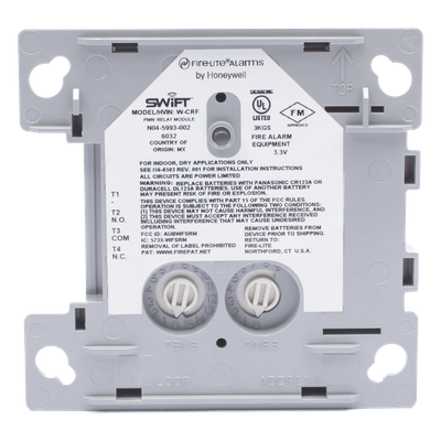 W-CRF - Módulo de relé inalámbrico direccionable / 1 contacto Forma C SPDT / malla SWIFT 902-928 MHz / baterías CR-123A / gateway W-GATE
