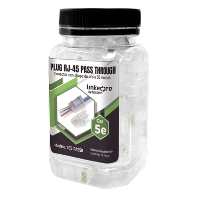 TC5PASSR - Plugs Pass-Through RJ45 / Cat5e / Sin Blindaje / Alivio de Tensión Integrado / Chapado Oro 30 Micras / 24 AWG / TIA-568B.2
