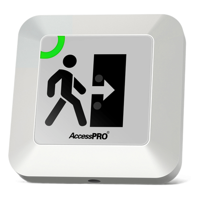 ACCESSK4DTR - Botón de Salida Sin Contacto / Detección Ajustable 4 a 15 cm / Temporizador 0-30 s / RF 433 MHz / Montaje Superficial / Voltaje Dual 12/24 VCC