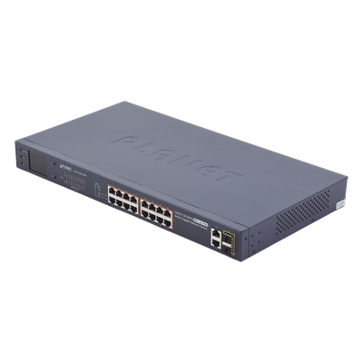 FGSW-1822VHP - Switch PoE+ / 16 Puertos 10/100 Mbps / 2 Gigabit Combo TP/SFP / 300W / LCD y VLAN Extended / ±4kV