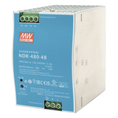 NDR-480-48 - Fuente de Poder Industrial / 480W / 48 Vcc / 10A / Riel DIN / 100-240 Vca / 3.35 x 4.93 x 5.04 in