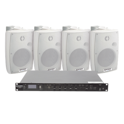 SF120DTB/4WSW - Kit Amplificador de Audio para Rack / 120W RMS / 4 Altavoces de Pared IP54 / Sistema 70/100V / 4 Entradas Micrófono / Bluetooth MP3 Tuner USB